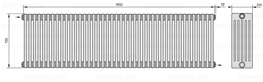 Схема (чертеж) Радиатор Zehnder Charleston 6075/42 №1670 Белый глянцевый RAL 9016